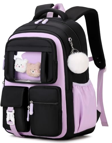 Amythe Cartable Fille Primaire, Sac à Dos Respirant pour Filles CP CE1 CE2 CM1 CM2, Sac Ecole Décontracté pour les Enfants de l'école Primaire au Collège, Noir Violet