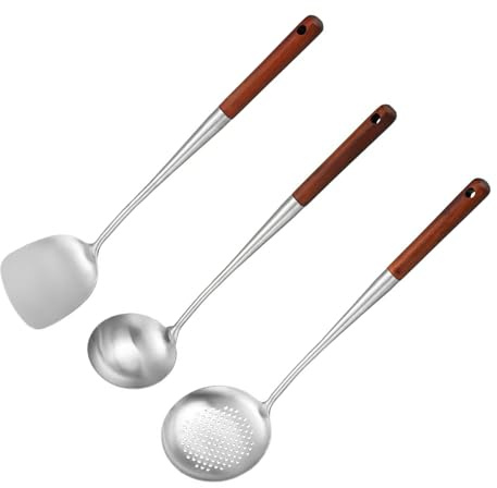 3 stycken wokspatelset, skumskedar av rostfritt stål, värmebeständigt trähandtag wok-spatel och slev, rostfritt stål skumskedar köksredskap set, diskmaskinssäkra