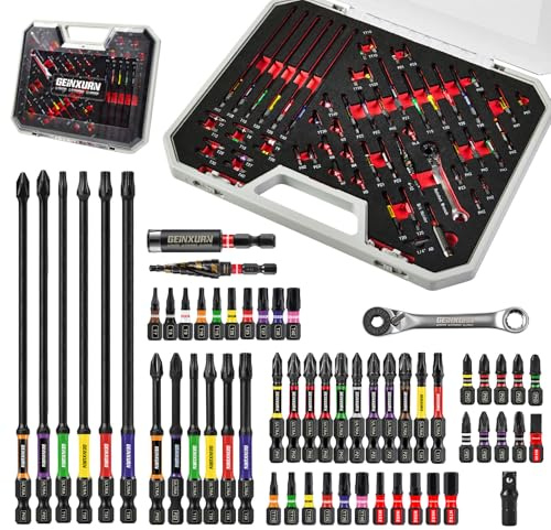 Geinxurn 58Pcs Screwdriver Bits Set, Include Impact Driver Bits (PH/PZ/TORX/HEX), Mini Ratchet Wrench, Step Drill, Socket Adapter and Magnetic Bit Holder with Grey Tool Box for Home Repairs DIY