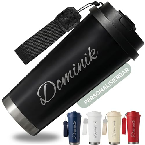 SMARTEON Thermobecher to go personalisiert mit Namen – Edelstahl Trinkbecher mit Gravur 500ml – Thermosflasche personalisiert – Personalisierter Kaffeebecher mit Strohhalm und Deckel (Schwarz)