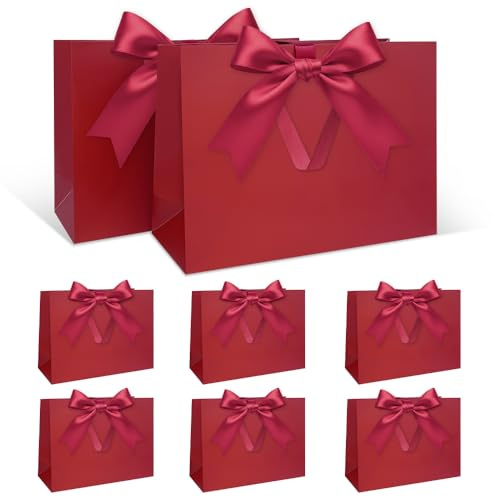 Geschenktüten Set, Rot Geschenktüte mit Schleife Rot Geschenktüte mit Henkel 8 Stück 30 x 21 x 10 cm Groß Geschenktüten für Geburtstag Hochzeit Hochzeitstag Weihnachten