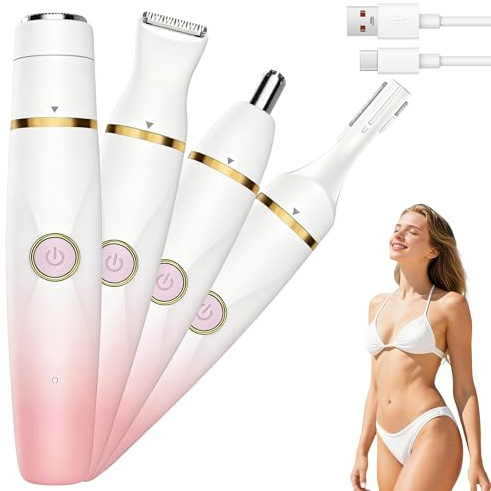 EASICUTI Lady Shavers for Women, 4-in-1 Facial Hair Remover IPX7 Waterproof | Wet & Dry Use Painless Cordless Electric Razors Shaver for Bikini Line Nose Eyebrow Legs Underarms & Pubic Hair