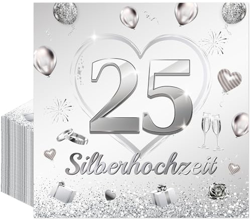 Afritee 25. Silberhochzeit Servietten, 40 Stück Silber Hochzeit Deko Papierservietten, 25. Silberhochzeit Tischdeko, 25th Jahrestag Jubiläum Silberhochzeit Party Geschenke, 16.5x16.5cm