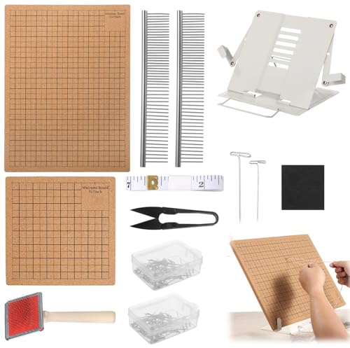 Macrame Board Set, 11 x 15 in, 7 x 7 in Macrame Crafting Board Kit for Beginners, Dual-Sided Grids Braiding Board with Adjustable Metal Stand &100 Pins for Bracelets, Coasters, Tapestries (Wood-B)