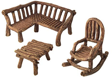 Accessoire Jardin Féerique Miniature 3 Pièces : Banc, Chaise à Bascule et Table Miniature en Bois Rustique