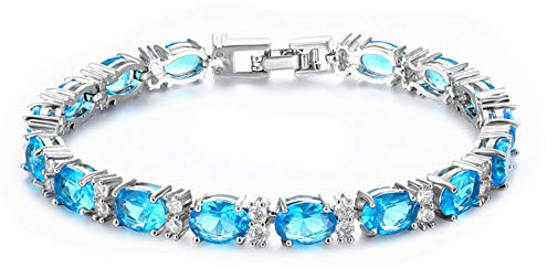 Deyanse Armband Damen, Tennis Armband, 18K Weißgold Vergoldet Tennisarmband mit Oval & Rund Zirkonia Geburtsstein, 18.5cm Armkette, Oval Aquamarin Blau Charm Armband mit Geschenkbox für Frau Mutter