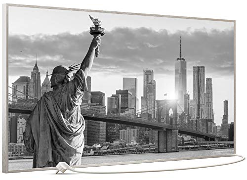 STEINFELD Bild Infrarotheizung mit Thermostat | Made in Germany | viele Motive 350-1200 Watt Rahmen silber (750W, 014 New York Freiheitsstatue)
