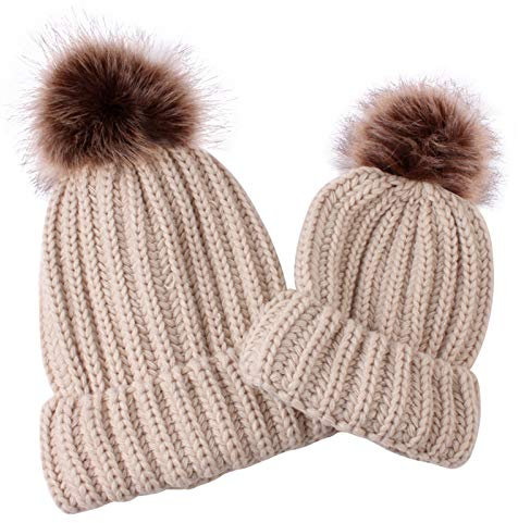 Damen Mädchen Strickmütze mit Kunstfell Bommel Slouch Strick Beanie Winter Bommelmütze, 2 Piece Strickset Wintermütze Beanie mit Fellbommel