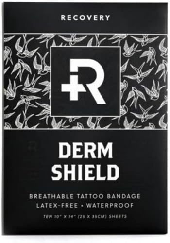 Recovery Derm Shield Tattoo Aftercare Bandages - Transparent, Waterproof Adhesive Bandages - 25.4 x 35.56 cm, 10 Pack