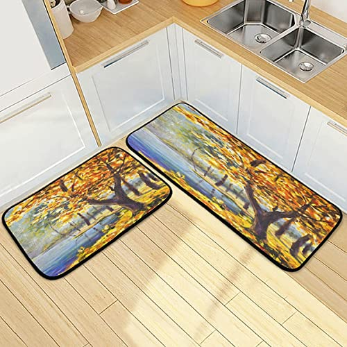 Mnsruu Ölgemälde Herbst Orange Gold Baum rutschfeste Küche Bodenmatten Set von 2 Stück Küchenteppich 119,4 x 50,8 cm + 71,1 x 50,8 cm für Eingangsbereich Flur Badezimmer