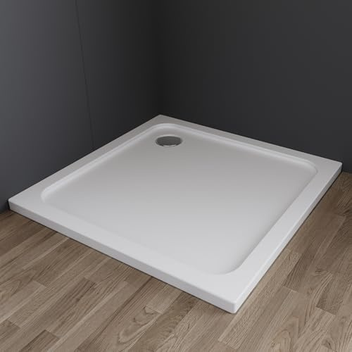 IMPTS Duschwanne 90x90 cm,Duschtasse aus langlebigem Sanitäracryl Duschtasse aus Sanitäracryl in Weiß Quadratisch extra Flach kratz- & rutschfest, inkl. Ablaufgarnitur