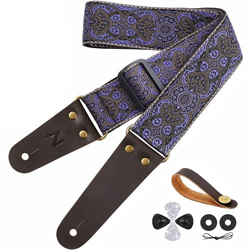 Nefelibata Gitarrengurt, Vintage bestickte Baumwollgitarrengurte mit echten Lederenden für Bass-, Elektro- & Akustikgitarren, mit kostenlosem Gurtknopf, 1 Paar Gurtschlössern und 4 Gitarrenplektren