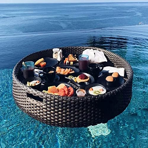 AALGO Plateau de Service Rond en Rotin avec Poignées Plateaux Flottant dans La Piscine pour Servir des Boissons,pour Spas,Baignades et Fêtes Autour de La Piscine,Black-60 * 60 * 20cm