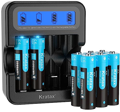 Kratax 1.5 V AA Rechargeable Lithium Battery, 3500 mWh High Capacity, Max 3A Current，1600 Long Cycles, 8 x AA Lithium Batteries with Black LCD Charger, for Blink Camera VR/AR Headset Xbox Controller