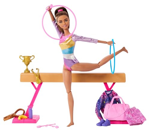 Barbie Gymnastics Doll & Accessories, Playset with Brunette Fashion Doll, C-Clip for Flipping Action, Balance Beam, Warm-Up Suit & More, HRG53