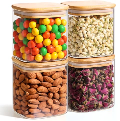 ComSaf 650ml Vorratsgläser mit Deckel 4er Set, Vorratsdosen Glas mit Deckel Luftdicht Eckig 10cm, Glasbehälter mit Deckel, Vorratsbehälter, Vorratsglas, Aufbewahrungsgläser für Getreide, Cornflakes