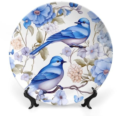 Blue Birds Flowers Bone China Plate with Stand Round Decorative Plate Vintage Home Wobble-Plate 7inch