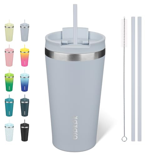 BJPKPK Bicchiere termico da 510 ml, in acciaio inox, con coperchio e cannuccia, da viaggio, per caffè e caffè, per donne e uomini, blu moderno