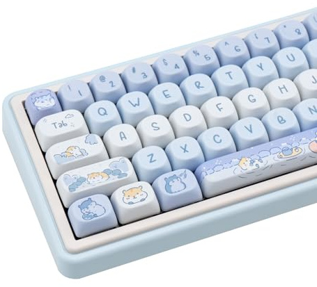 TIMSEKER Light Blue Hamster Keycaps Kawaii, Thick PBT MOA Profile Keycaps, Dye Sublimation Custom Key Caps, 132 Keys White and Blue Design for ANSI Layout Cute Style Mechanical Keyboard