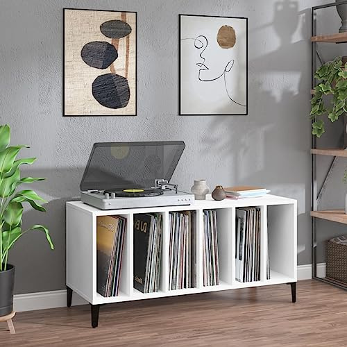 ARKEM Armario de discos blanco de 100 x 38 x 48 cm, madera de ingeniería, soporte para tocadiscos, mesa auxiliar de sofá con estantes abiertos, armario de almacenamiento de discos de vinilo, mesa