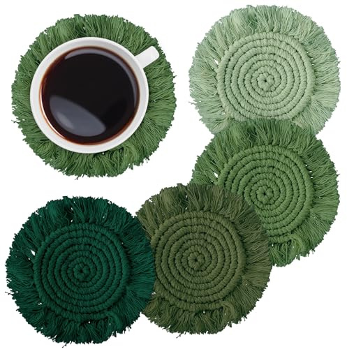 Whaline 4 Pcs Boho Macrame Coasters Green Handmade Woven Drink Coasters Farmhouse Rustic Cup Mat Pad for Home Kitchen Office Table Desk Housewarming Gift Party Table Decor