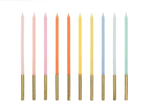 Pack of 10 Extra Long Pastel Cake Candles | Mixed Colours with Metallic Gold Dipped Base | Cake Topper Decoration | Birthday Cup Cake Decoration