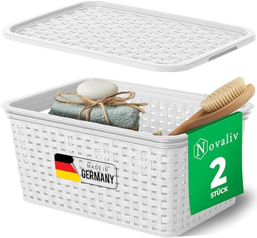 Novaliv 2er Set Eleganter Aufbewahrungskorb mit Deckel in Rattan-Optik | Weiß Lebensmittelecht Kunststoff 5L ? Perfekt für Bad & Kleidungsaufbewahrung. Aufbewahrungsbox Badezimmer Körbchen.