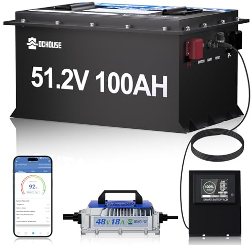 DCHOUSE Batteria Litio 48V 100Ah con Caricatore 18A, Bluetooth e Monitor LCD Touch, BMS 200A, Corrente di Picco 1000A, Involucro Metallico Robusto, per Golf Cart, Camper e Sistema Solare