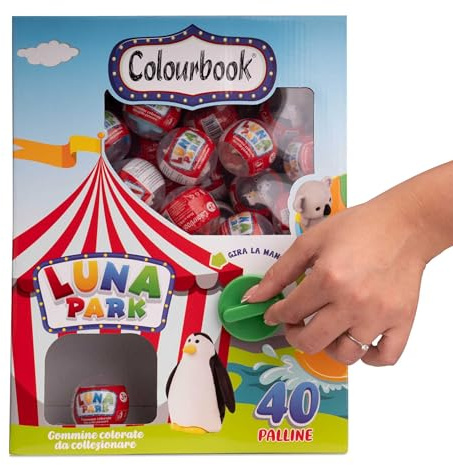 Colourbook Luna Park Distributore Automatico di Gomme da Cancellare - Include 40 Sfere con Gomme Collezionabili + 40 Refill, 16 Soggetti Assortiti, Idea Regalo Bambini