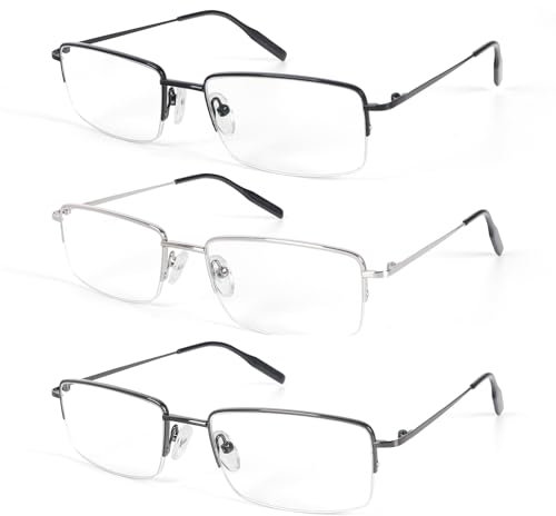 MMOWW 3er-pack Lesebrille Ultraleichte Herren Halber Rahmen Rechteckige Metall Blaulichtfilter Brille Lesebrillen Lesehilfe (Schwarz+Grau+Silber, +1.5)