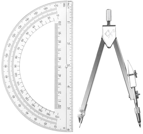 Tdfronien Students Geometry Math Set, Drawing Compass and 6 Inch Transparent Swing arm Protractor 180 Degree Math Protractor (Transparent)