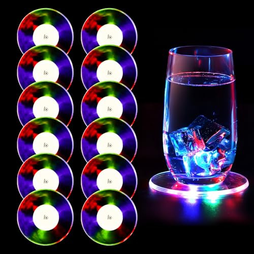 12 Stück Bunt LED Untersetzer, 3 Beleuchtungsmodi Leuchtende Untersetzer, Acryl Rund wasserdichte Leuchtuntersetzer, LED Untersetzer für Gläser, Untersetzer Leuchtend für Gläser Flaschen Party