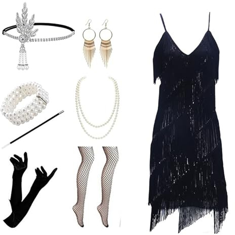 Velcoxplay Abito da donna anni '20 con paillettes, Vintage Paillettes Perline con frange Abito con Accessori 20s Nero M