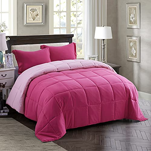 HIG 2-delat rosa täcklöst täcke enkelt – 135 x 200 cm – design med baffellåda – 10,5 Tog Downalt alternativt vändbart täckeset med 1 imitation – hörntäckesflikar – maskintvättbart, varmt, mjukt