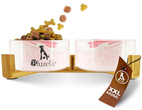 bluzelle Hundenapf Set Erhöht 2X 850ml, Keramik Napfstation, Marmor Pink | Gesunde Verdauung & Haltung, Maximale Stabilität, BALANCE BOWL