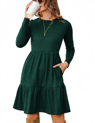 Zeagoo Damen Kleider Langarm Rundhals Herbstkleid mit Taschen Elegant Knielang Kleid Winter Frühling Grün XL
