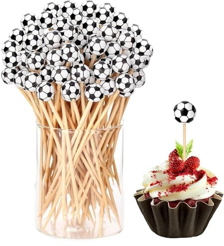 Genérico 100 Palillos de fútbol para cócteles, 12 cm, para Aperitivos, Palillos Decorativos con Form de balón de fútbol, ​​brochetas para cócteles, Suministros para Fiestas navideñas