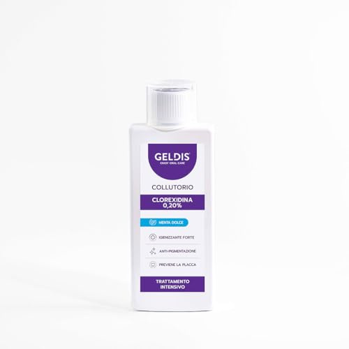 GELDIS Bain de bouche Chlorhexidine 0.20% - 200 ml - Bain de bouche hygiénique intensif avec action anti-jaunissement, pourtraitements courts et ciblés - Goût fruits des bois ou menthe poivrée