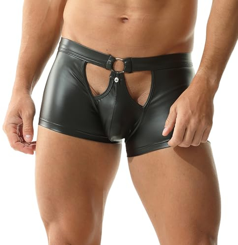 YUFEIDA Boxershorts i konstläder för män, wetlook, sexiga underkläder, boxershorts, trosor, män, stretch, klubbkläder, korta byxor, kalsonger, Svart 3, L