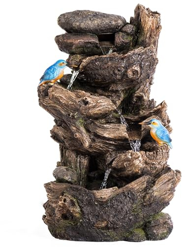 Serenity Cascading Tree Trunk Water Feature with LED Lights and Two Kingfishers – Garden Fountain, Rustic Outdoor Ornament, Mains Powered with Pump, 63cm Decorative Polyresin Fountain