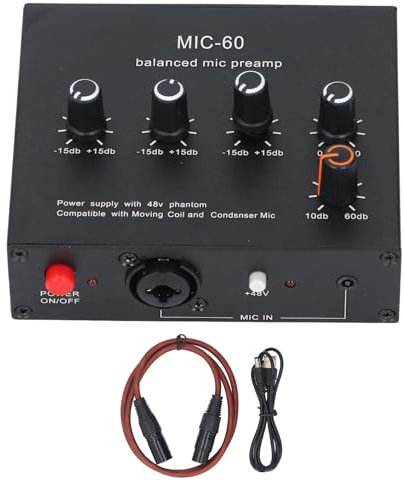 Préampli Micro Professionnel à condensateur Dynamique, Gain de 60 DB, avec Alimentation fantôme 48 V, Alliage d'aluminium DC5-12 V, pour Performances en Studio