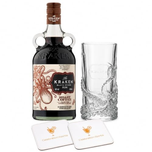 Kraken Roast Coffee Black Spiced Rum Gift Set | 700ml | 40% ABV | with Tentacle-Themed Collector’s Tumbler | & 2 Celebration Spirits Coasters | Premium Rum Gift Set for Adults