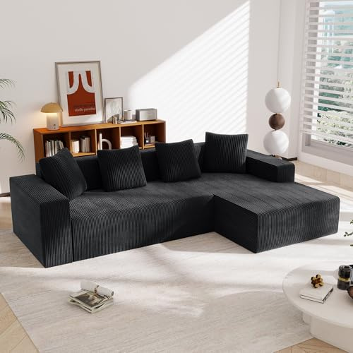 A ALFRESCOOL Ecksofa mit Schlaffunktion - Big Sofa 3 Sitzer für Wohnzimmer, L Form Couch, Modulares Schlafsofa, Moderne Schlafcouch, Eckcouch mit 4 Kissen, 274 x 102 cm, Schwarz