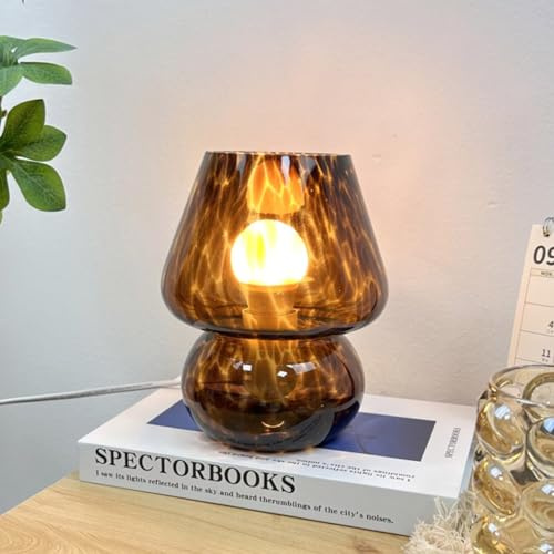 GUANSHAN Retro Bunte Blumenpunkte Glas Pilz Tischlampe Kreative Französische Lampenschirm Bettlampe Romantische Atmosphäre Licht Nachtlicht für Wohnzimmer, Schlafzimmer