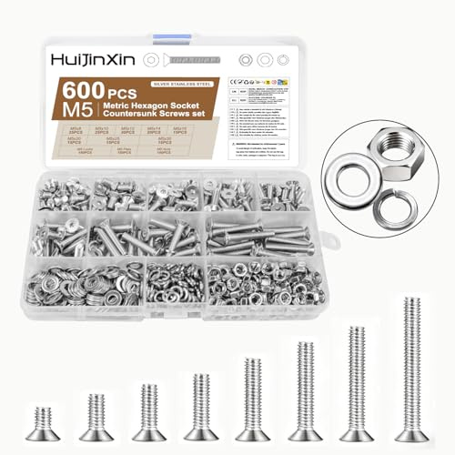 600 Pcs M5 Countersunk Bolts and Nuts Sets, Flat Head Hex Socket Head Cap Screws Assortment Kit, Stainless Steel Countersunk Machine Screws Assorted Nuts and Bolts with Washers