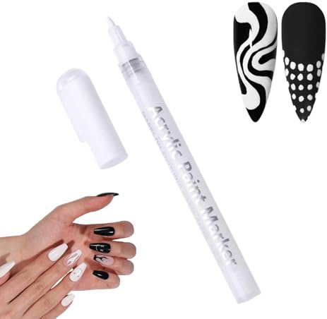 White Quick-Dry Fine Tip Nail Art Pen – Fast-Drying Waterproof Nail Polish Pen with Precise Brush for DIY Nail Decoration, French Manicure, Dotting & Line Designs, Multi-Surface Use