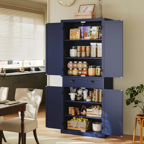 HOLTICO Küchenschrank, Hochschrank Küchenbuffet Buffetschrank, Esszimmerschrank, Vorratsschrank mit Türen und Regalen für Esszimmer, küche, Wohnzimmer, Waschküche,Blau
