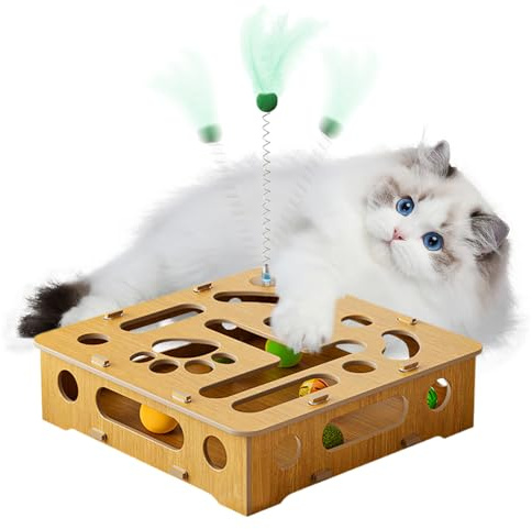 Aktivitätsbox für Katzen – Holz-Puzzle-Spielzeug 28 x 28 x 8,5 cm, Set mit Federn, Federstange, Agility-Ausrüstung für den Innenbereich | Interaktives Jagdspiel für Katzen, Kätzchen, Maiso