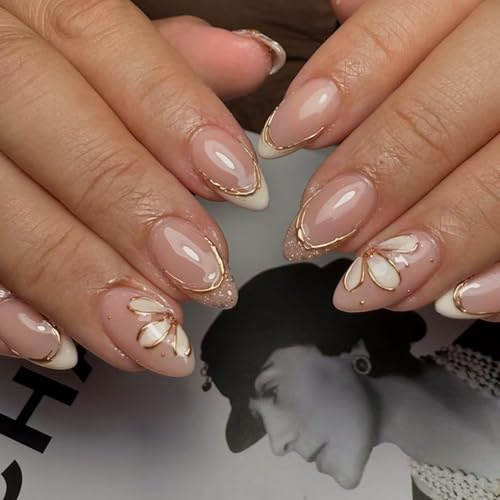 24PCS Almond Press on Nails, Pink French False Nail with Gold Edge Design, Glossy Full Cover Stick On Nails for Women, Reusable Nail Art (Pink, Gold Edge)