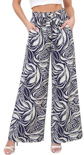 Genfien Pantalon Femme Été Pantalons avec Poches Léger | Taille Haute,Elastique,Palazzo Pants,Jambe Large,Fluide Droit,Décontractée